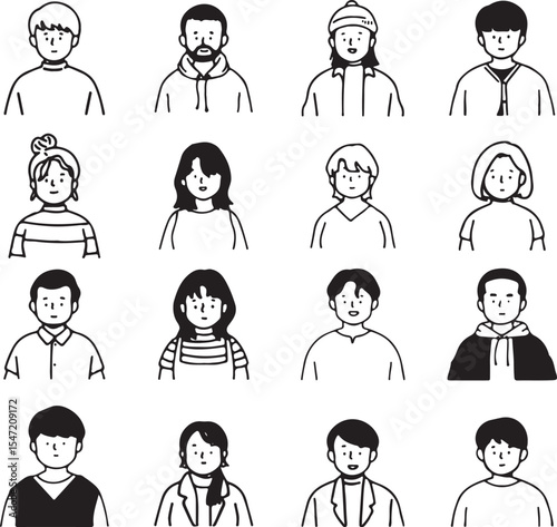  Kids Faces Pack, Boys and Girls Expressions, School Children Headshots, Line Vector, Transparent Background