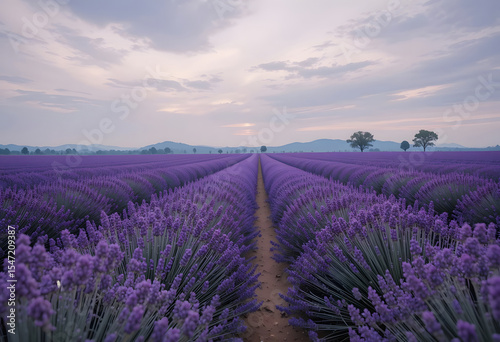 Vast lavender field in provence france under a cloudy sky evoking serenity and peace