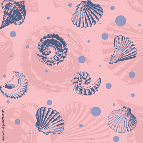 Pastel coloured aquamarine sea shells seamless printable pattern. Hand drawn organic fossil pattern ideas for backdrops, home decor, textile, poster, banner, templates, brochure, carpet and rugs.