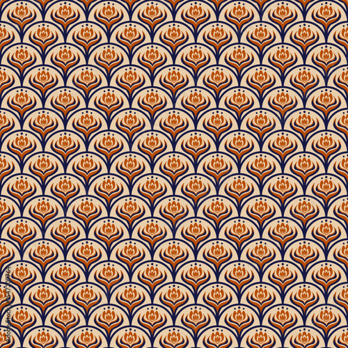 A seamless scallop pattern featuring stylized abstract flowers in warm orange, brown, and dark blue tones. A classic Art Nouveau or Batik style, ideal for textiles, wallpaper, background, floor tiles.