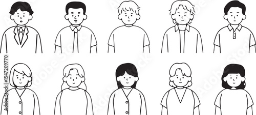 Boys and Girls Faces, School Age Kids, Flat Outline Vector, Cartoon Emotions, Transparent Background