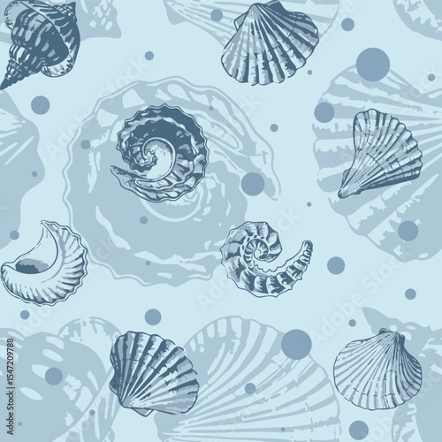Monochromatic modern aquamarine sea shells seamless printable pattern. Hand drawn organic fossil pattern ideas for backdrops, home decor, textile, poster, banner, templates, brochure, carpet and rugs.