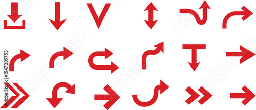 Red arrow icon set, flat vector design, curved and straight arrows, navigation symbols, direction indicators, graphic UI elements, motion arrows, isolated interface icons