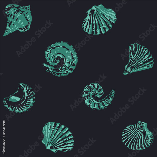 Modern, minimal marine themed printable, dark based seamless pattern. Aquatic pattern background ideas for textile, home decor, banner, poster, brochure, wall paper, gift wrapping, laminates.