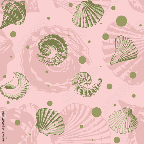 Sea shells seamless vector trendy, modern pattern. Aesthetic nautical themed pattern ideas for home decor, textile, banner, poster, postcard, wall paper, laminates, gift wrapping.