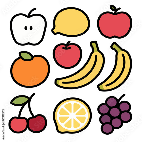 Simple flat Fruits icon set displaying apple, banana, orange, cherry, lemon, grapes, and peach designs in hand-drawn cartoon fruit style illustration.