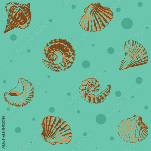 Modern sea shells, clams seamless printable pattern. Hand drawn organic fossil pattern ideas for backdrops, home decor, textile, poster, banner, templates, brochure, carpet and rugs.