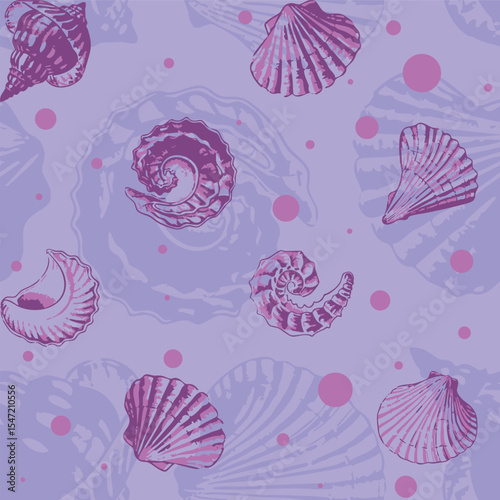 Dusky coloured aquamarine sea shells seamless printable pattern. Hand drawn organic fossil pattern ideas for backdrops, home decor, textile, poster, banner, templates, brochure, carpet and rugs.