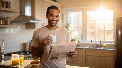 A man enjoys a relaxing moment in his kitchen while holding a newspaper and cup