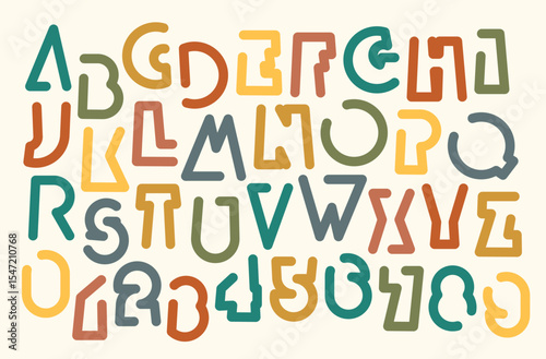 Set of letter outlines simple, thick, humorous geometric letter shape font with holiday and party theme. Children's book, cartoons, credits. Latin alphabet letters and numbers. No AI used