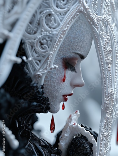 Gothic porcelain queen with cracked skin and blood tears