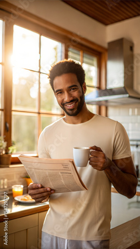 A man in his kitchen holding a cup of coffee and reading the newspaper, a moment of peace in his morning routine
