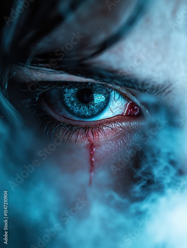 Blue eye with blood tear in mysterious fog