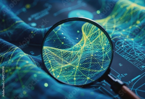 Technical textile under a magnifying glass revealing intricate diagrams