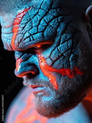 Glowing cracks on man's lava-like skin