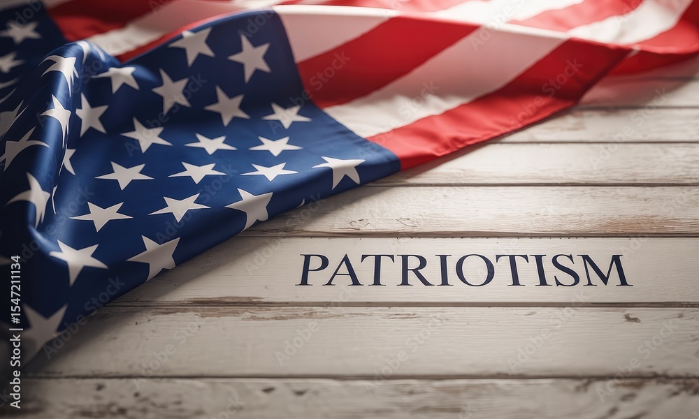 Fototapeta premium American flag draped on wooden surface with patriotism text
