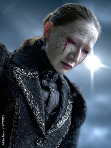 Elegant gothic figure with cracked porcelain skin and crimson tears