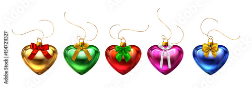 Festive 3d Christmas bauble heart ornaments with satin ribbons. Metallic holiday decorations in shimmering colors with bows, curling golden strings for seasonal greetings or romantic winter tree decor