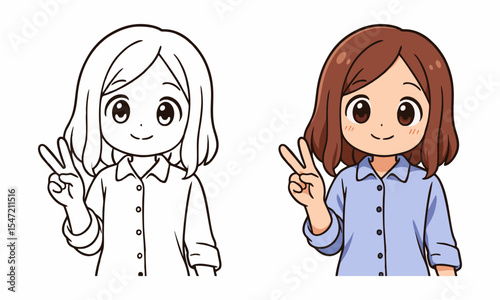 woman making peace sign coloring page for kids