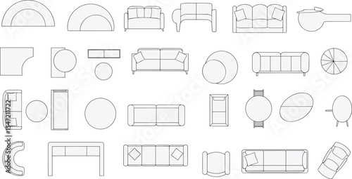 Top view of modern sofa and table furniture set layout, interior design plan elements, couch and seating arrangement for architectural floor plan illustrations