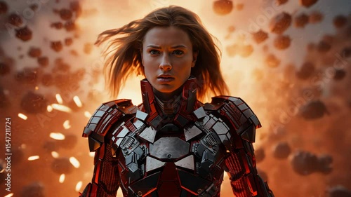Action shot with woman in the sci-fi battle scene, superhero surrounded by sparkles. Dynamic scene in action movie blockbuster style