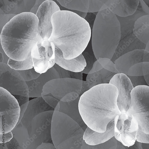 Trendy grayscale orchid seamless vector pattern. All over floral pattern idea for background, textile, homes decor, template, banner, business, carpet and rugs. Vector illustration.