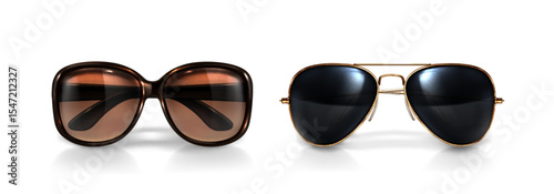 Premium 3d eyewear models of sunglasses, with bold frame and aviator. Realistic polished frames with dark tinted lenses for luxury fashion brands, product catalogs or summer accessory advertisements.