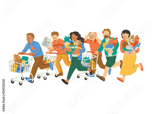 Emergency panic buying situation at supermarket, people rushing in grocery store while running and pushing trolleys. Flat vector illustration isolated on white background