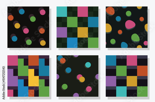 rendy colourful backdrop seamless patterns. Minimalist geometry patterns with polka dots, stripes, checks, stripes. Rectangular backdrop ideas for textile, home decor, flyer, template, poster, banner