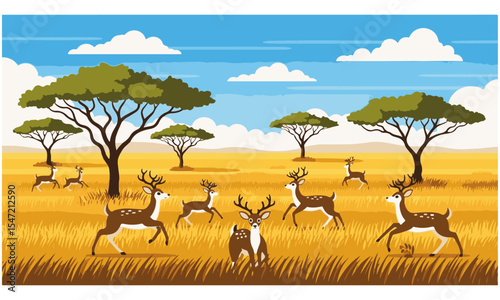 African Savannah Landscape with Spotted Deer Herd at Sunset, A serene horizontal illustration of an African savannah at sunset, featuring a herd of spotted deer grazing 