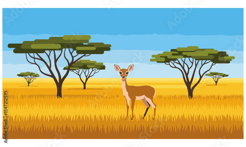 African Savannah Landscape with Spotted Deer Herd at Sunset, A serene horizontal illustration of an African savannah at sunset, featuring a herd of spotted deer grazing 