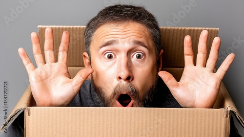 Surprised man with a beard inside a cardboard box holding his hands near his face