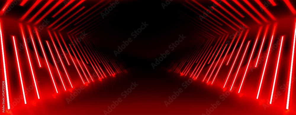 Futuristic red neon tunnel with glowing geometric lines - abstract corridor perspective with bright laser arrows creating infinite depth for cyberpunk bg, gaming or electronic music designs.