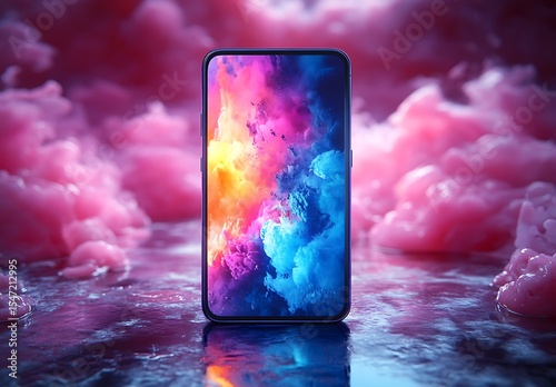 Smartphone with Swirling Colors and Pink Clouds Reflection

