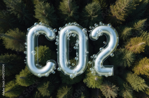 CO2 text in bubbles. Forest background, top-down. Environmental issue.