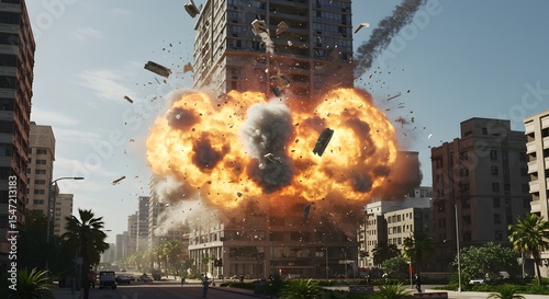 Explosive building destruction occurs in urban landscape during daylight hours