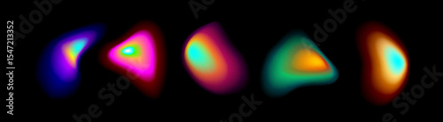 Vibrant gradient circle set with soft aura effects on dark bg - colorful glowing orbs in pink, blue, purple, orange and green hues for modern digital design, web interface or abstract art projects.