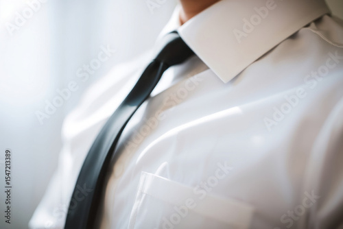 White shirt, black tie. Casual business style. Simple, professional, modern look.