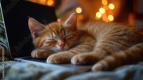 Fluffy kitten peacefully sleeping on an open laptop surrounded by soft lights in a cozy atmosphere