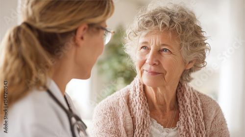 An elderly woman feels relieved after consulting a female doctor