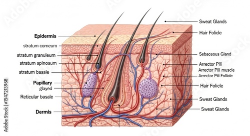 Detailed Anatomical Illustration of Human Skin and Hair Follicle Structure