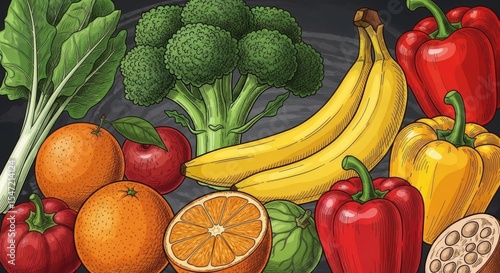 Colorful Hand-Drawn Fruits and Vegetables Illustration on Dark Background