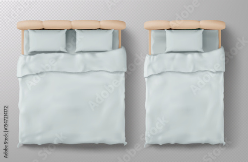 Top view bed mockup with white bedding. Realistic 3d beige headboard, pillows and blanket from above on transparent background for interior design, furniture catalog or bedroom decoration concept.