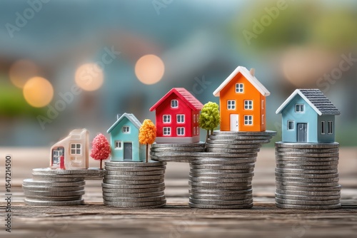 Miniature houses on stacks of coins