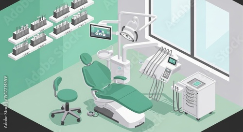 Isometric View of Modern Dental Clinic with Equipment and Tools
