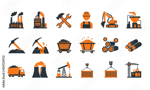 Comprehensive Industrial, Mining, and Engineering Icon Set. Ideal for illustrating industrial processes, manufacturing, construction, resource extraction, energy, engineering, business, infographics.