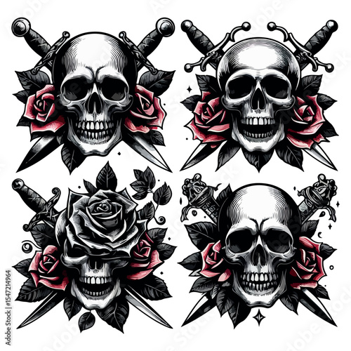 Skull with daggers and roses gothic tattoo design  with white baground