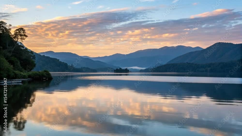 Sunset over a calm mountain lake with colorful sky and cloud reflections Horizontal 4K nature video
