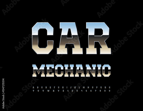 Vector Industrial icon Auto Mechanic. Silver Cool Font. Metallic Digital Alphabet Letters and Numbers set.