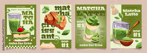 Matcha promotional poster designs - Japanese green tea cafe marketing materials with latte drinks, traditional whisk preparation and desserts. Organic vegan beverage advertisements for restaurant.